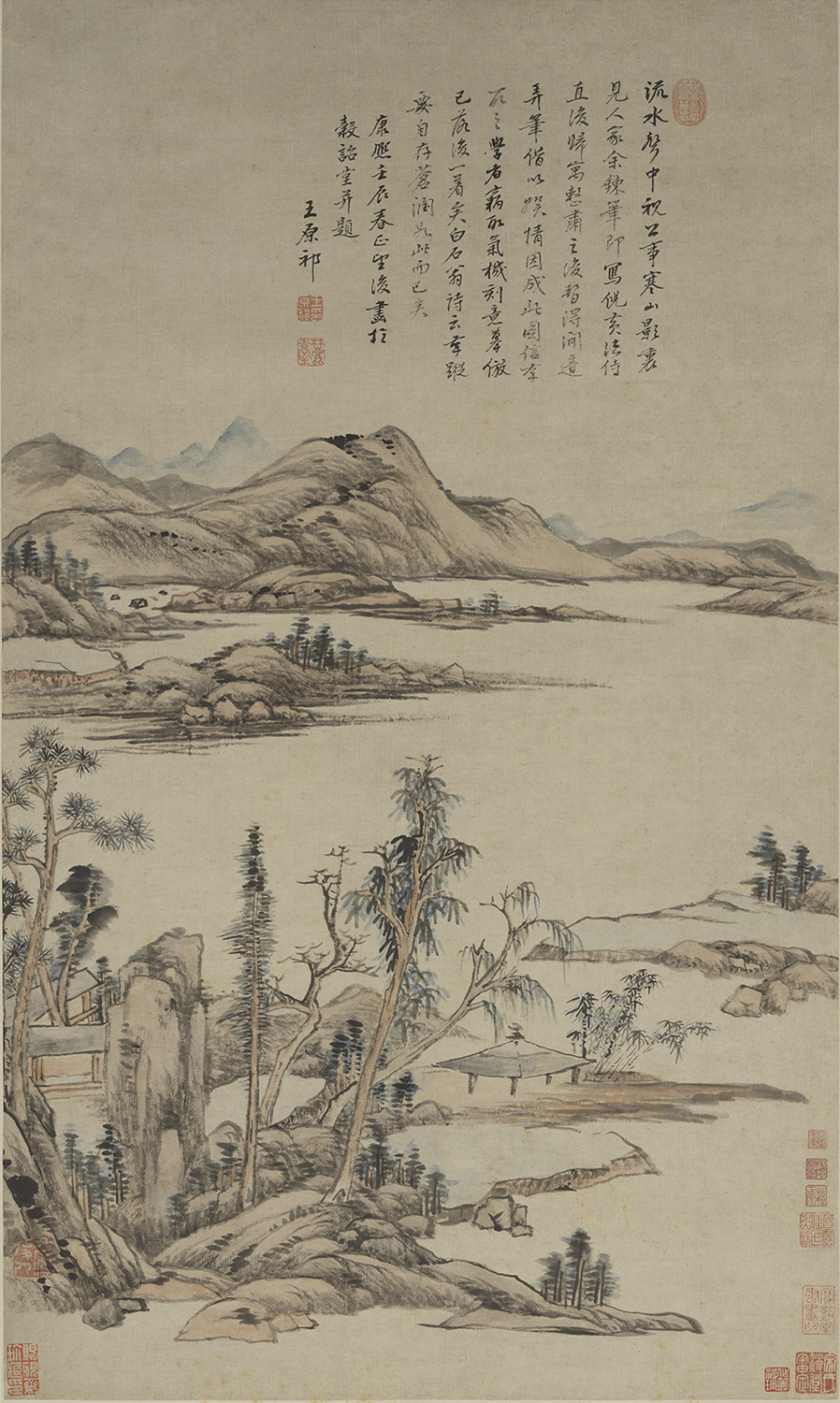 Pavilion by a Stream and Wintry Mountain